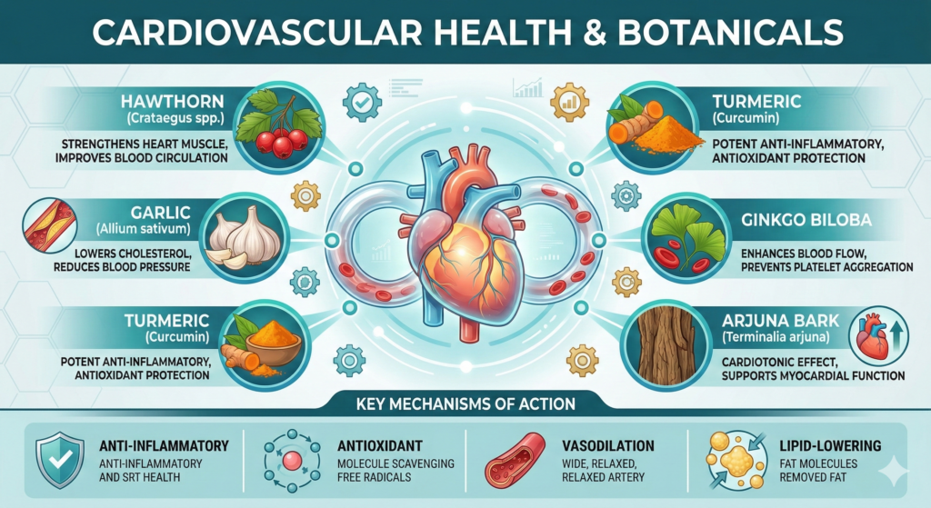 Cardiovascular health infographic showing botanical mechanisms for heart muscle strength, blood circulation, and cholesterol reduction using clinical herbal extracts like Arjuna Bark and Curcumin.