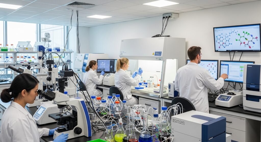 Healthcare researchers analyzing medical samples in a modern pharmaceutical laboratory.