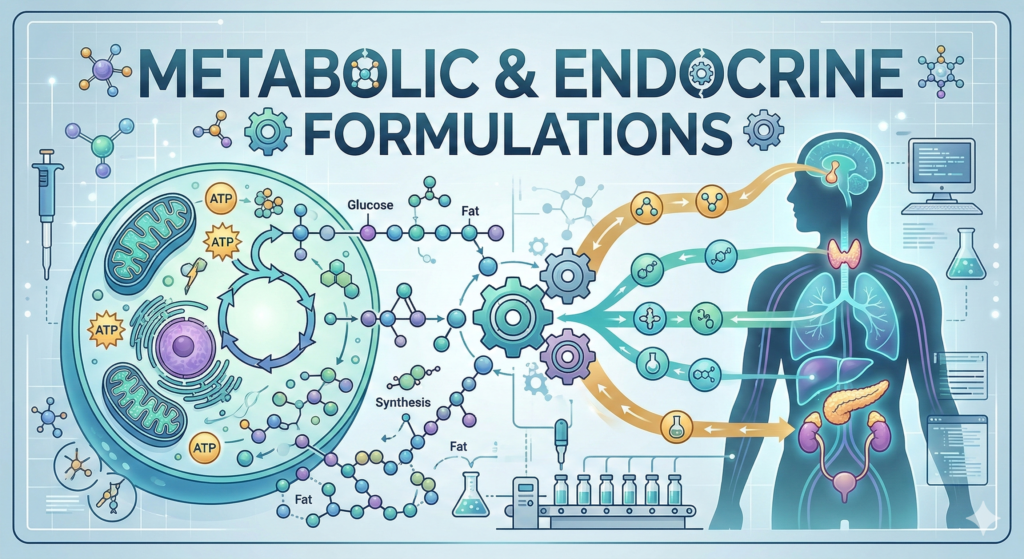 Clinical infographic illustrating metabolic and endocrine formulations, featuring pathways for glucose metabolism, ATP synthesis, and hormonal regulation in the human body.