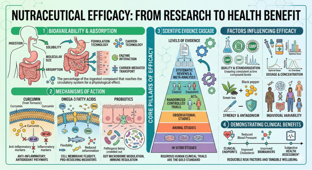 Clinical diagram of the nutraceutical research process, featuring bioavailability pathways, pharmaceutical mechanisms of action, and the hierarchy of scientific evidence for health supplements.