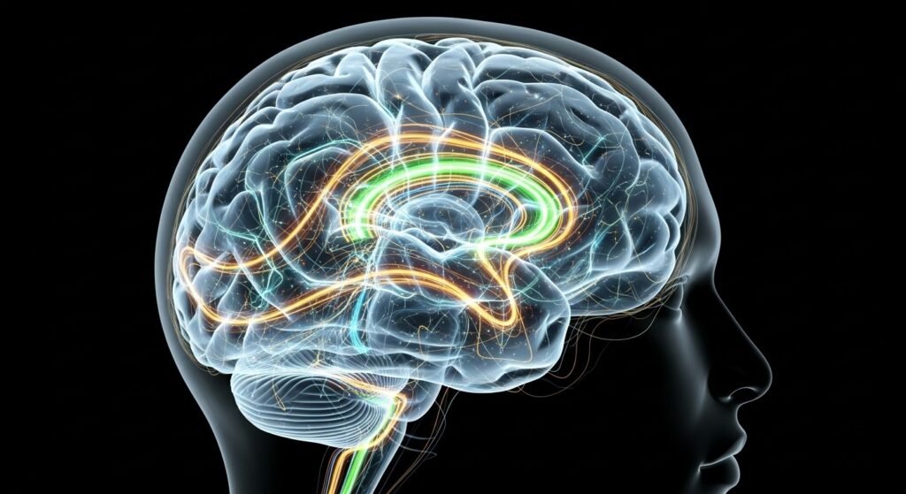 A conceptual visualization of brain blood flow and improved focus after taking Neuro Surge.