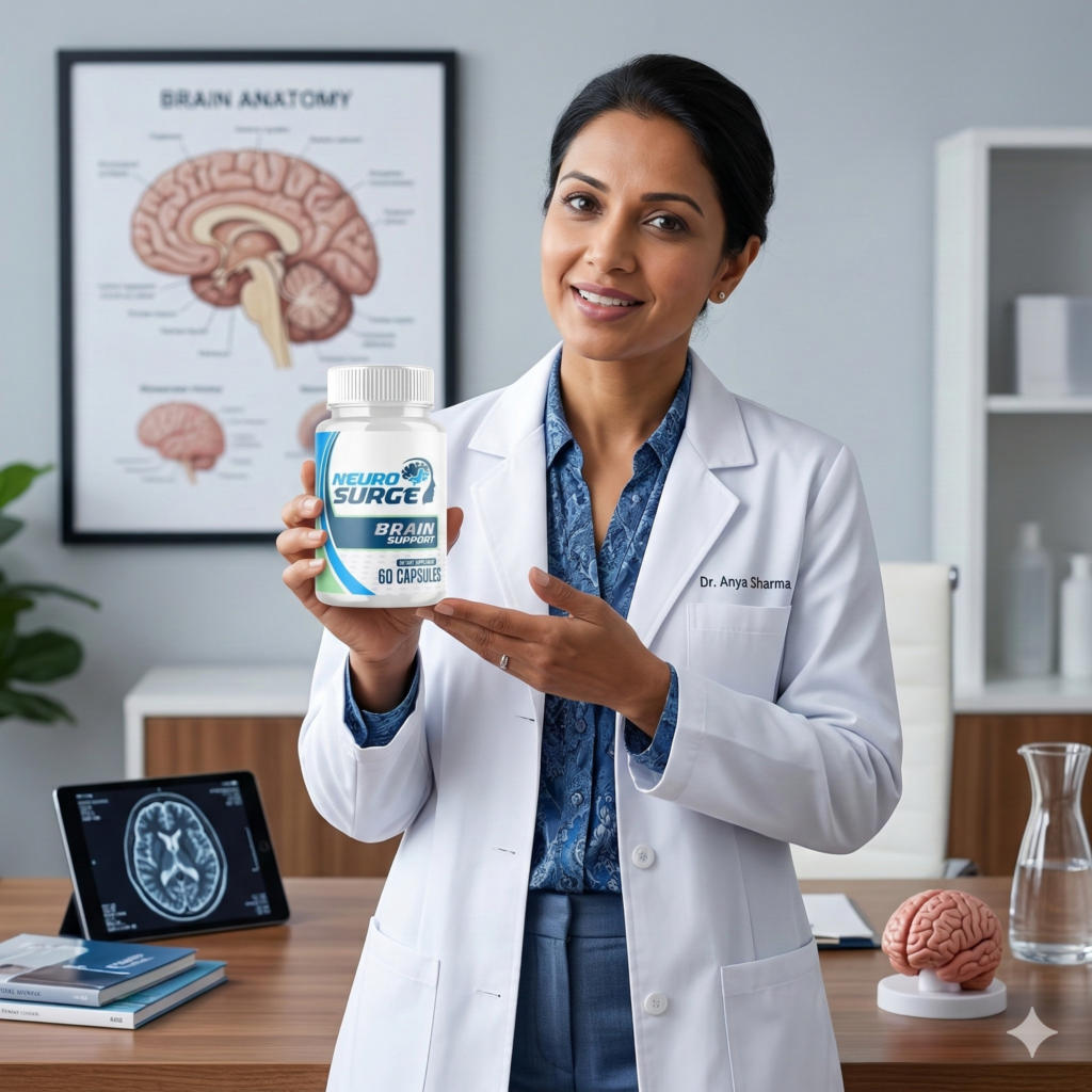 A bottle of Neuro Surge supplement on a desk, a premium cognitive enhancer for brain fog.