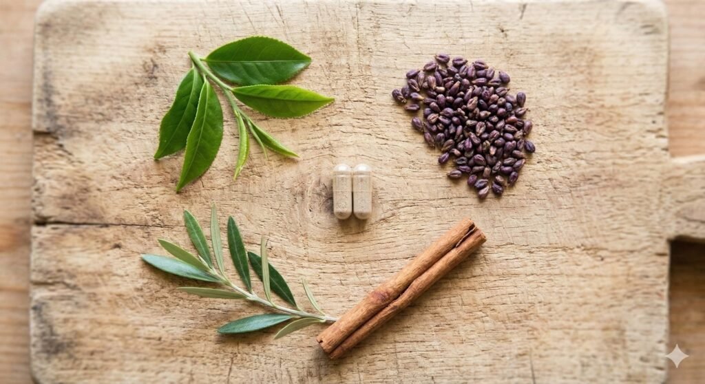 The botanical ingredients found in Neuro Surge, including Green Tea and Grape Seed extract.