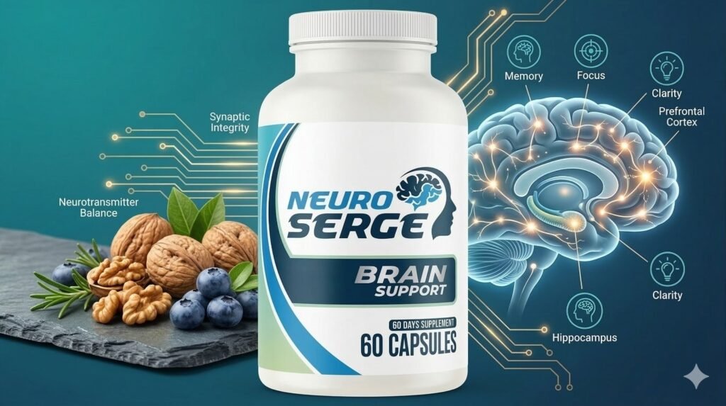Neuro Surge Brain Support supplement bottle showing 60 capsules with brain cognition diagram highlighting memory, focus, clarity, hippocampus and prefrontal cortex benefits