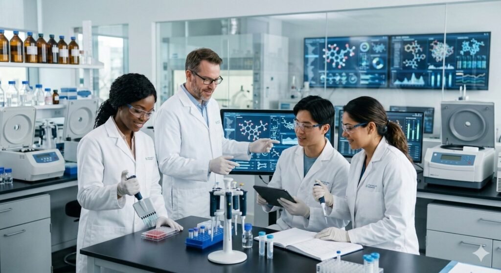 A diverse team of healthcare professionals and research scientists collaborating on drug formulation and clinical data in a modern pharmaceutical laboratory.